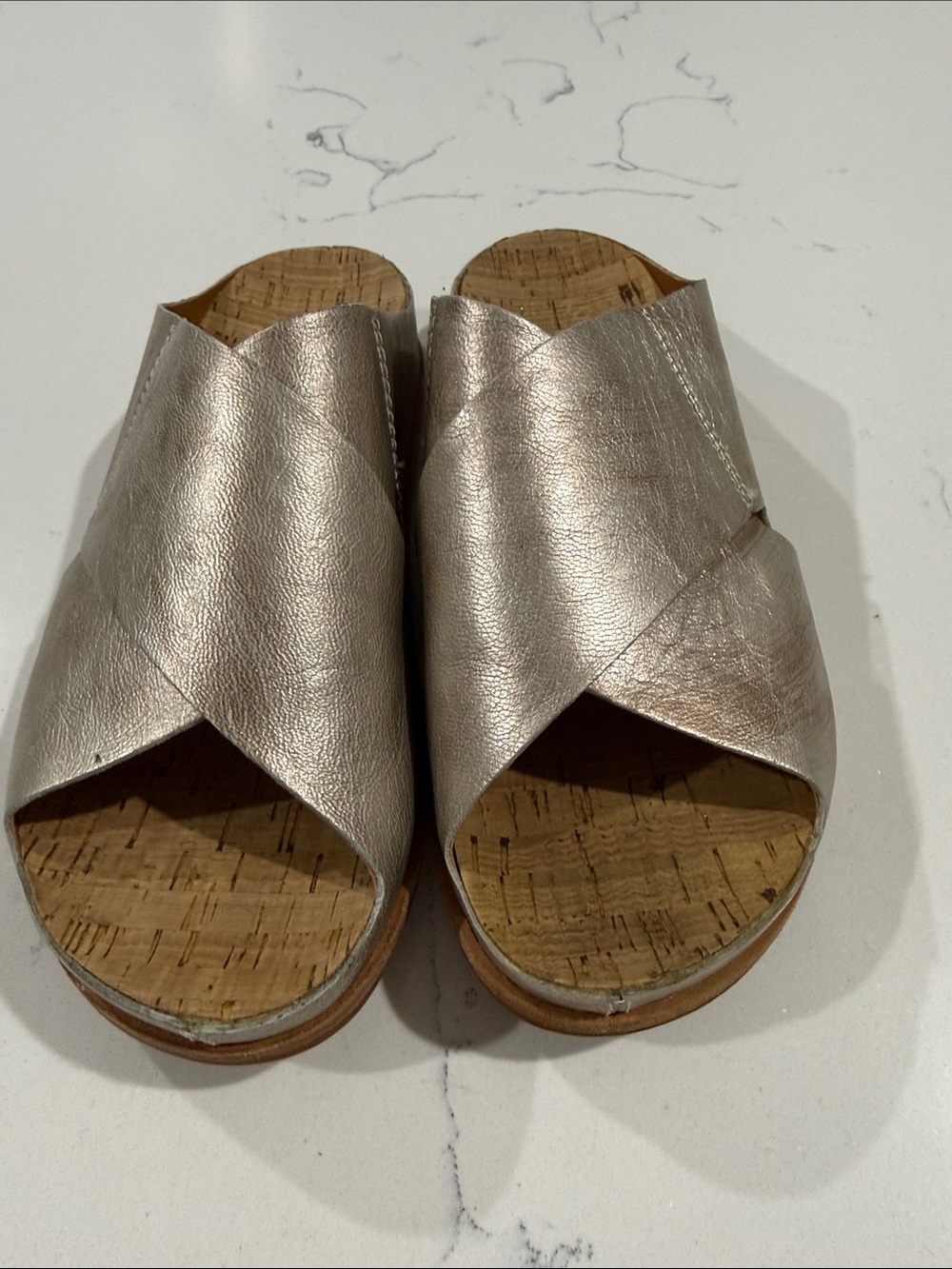 Kirk-Ease Metallic Silver Cross‑Front Cork Footbed Mules